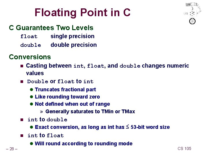 Floating Point in C C Guarantees Two Levels float double single precision double precision