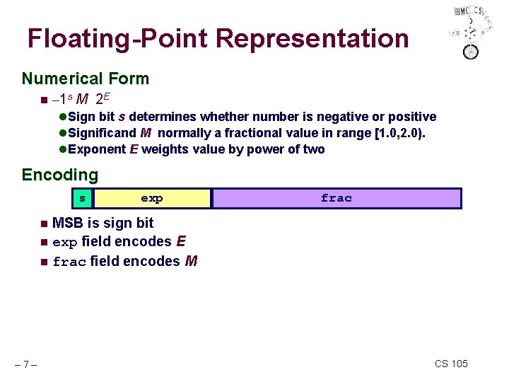 Floating-Point Representation Numerical Form n – 1 s M 2 E l Sign bit