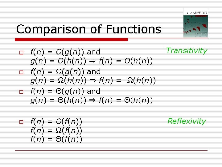 Comparison of Functions o o f(n) = O(g(n)) and g(n) = O(h(n)) ⇒ f(n) Comparison of Functions o o f(n) = O(g(n)) and g(n) = O(h(n)) ⇒ f(n)