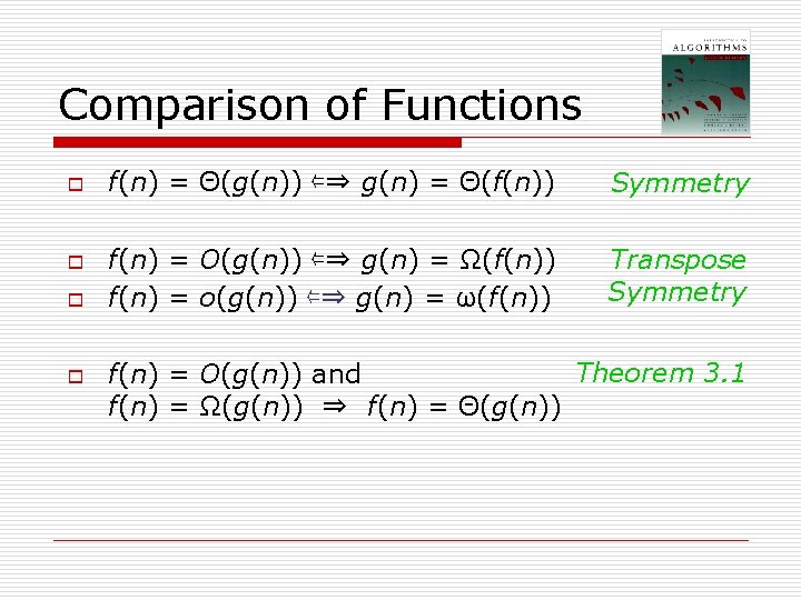 Comparison of Functions o o f(n) = Θ(g(n)) ⇐⇒ g(n) = Θ(f(n)) Symmetry f(n) Comparison of Functions o o f(n) = Θ(g(n)) ⇐⇒ g(n) = Θ(f(n)) Symmetry f(n)