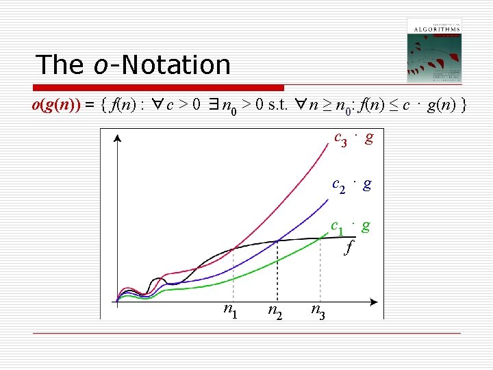 The o-Notation o(g(n)) = { f(n) : ∀c > 0 ∃n 0 > 0 The o-Notation o(g(n)) = { f(n) : ∀c > 0 ∃n 0 > 0