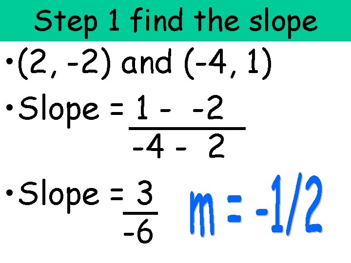Step 1 find the slope • (2, -2) and (-4, 1) • Slope = Step 1 find the slope • (2, -2) and (-4, 1) • Slope =