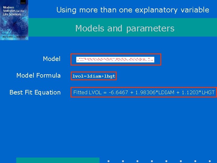 Using more than one explanatory variable Models and parameters Model Formula Best Fit Equation