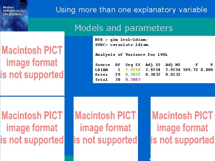 Using more than one explanatory variable Models and parameters MTB > glm lvol=ldiam; SUBC>