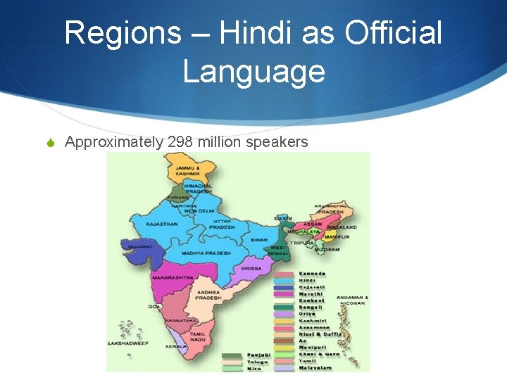 Regions – Hindi as Official Language S Approximately 298 million speakers 