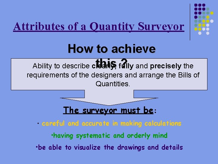 Attributes of a Quantity Surveyor How to achieve this ? Ability to describe clearly,
