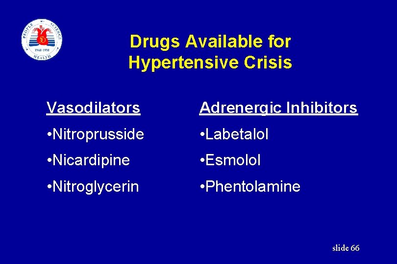 Drugs Available for Hypertensive Crisis Vasodilators Adrenergic Inhibitors • Nitroprusside • Labetalol • Nicardipine