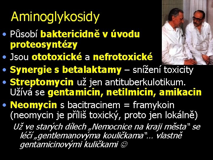 Aminoglykosidy • Působí baktericidně v úvodu proteosyntézy • Jsou ototoxické a nefrotoxické • Synergie