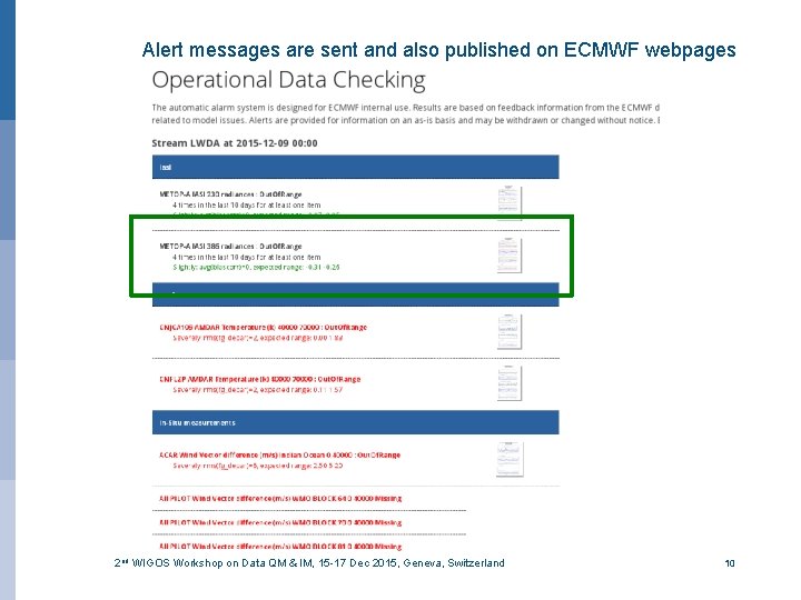Alert messages are sent and also published on ECMWF webpages 2 nd WIGOS Workshop