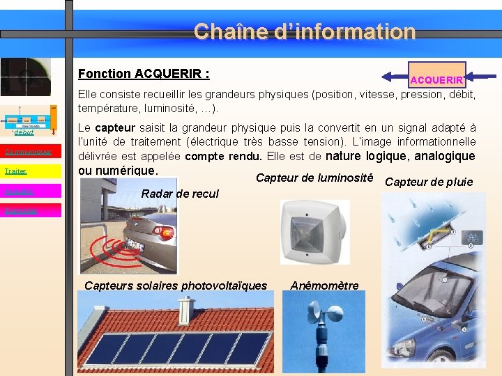 Chaîne d’information Fonction ACQUERIR : ACQUERIR Elle consiste recueillir les grandeurs physiques (position, vitesse,