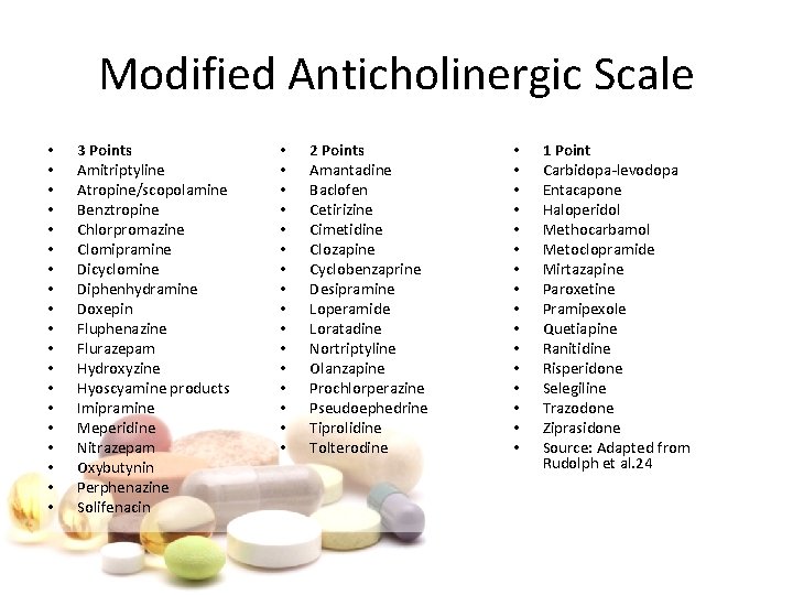 Modified Anticholinergic Scale • • • • • 3 Points Amitriptyline Atropine/scopolamine Benztropine Chlorpromazine