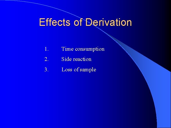 Effects of Derivation 1. Time consumption 2. Side reaction 3. Loss of sample 