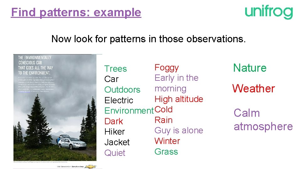 Find patterns: example Now look for patterns in those observations. Foggy Trees Early in