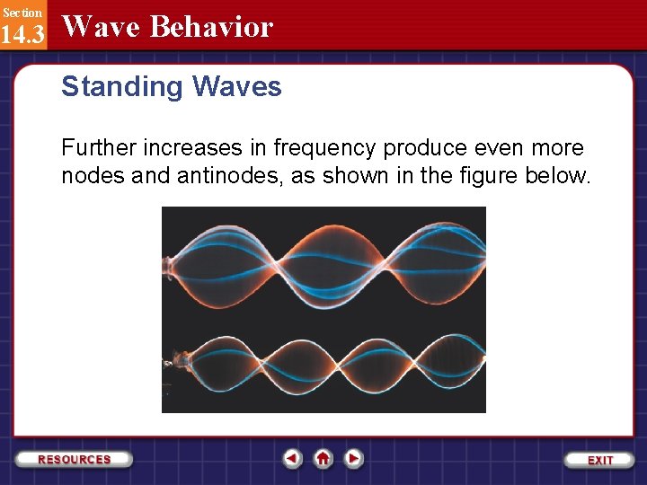 Section 14. 3 Wave Behavior Standing Waves Further increases in frequency produce even more