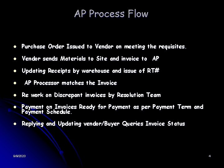 AP Process Flow l Purchase Order Issued to Vendor on meeting the requisites. l