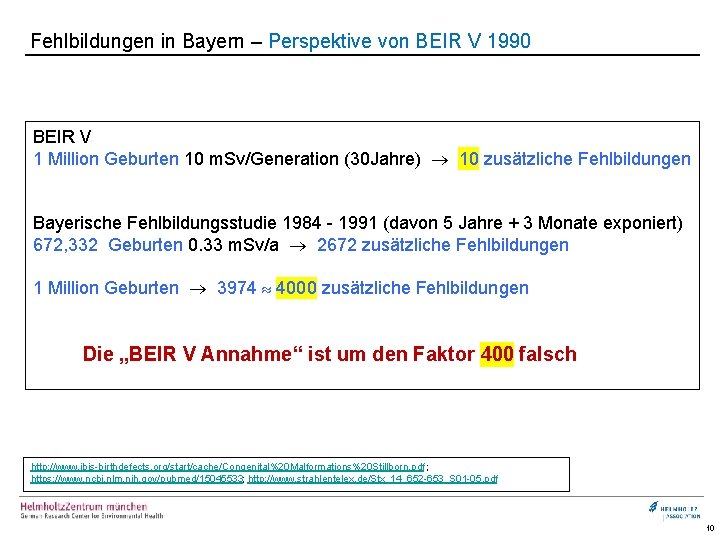 Fehlbildungen in Bayern – Perspektive von BEIR V 1990 BEIR V 1 Million Geburten