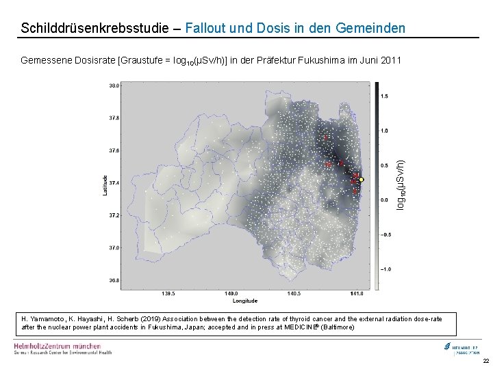 Schilddrüsenkrebsstudie – Fallout und Dosis in den Gemeinden log 10(µSv/h) Gemessene Dosisrate [Graustufe =