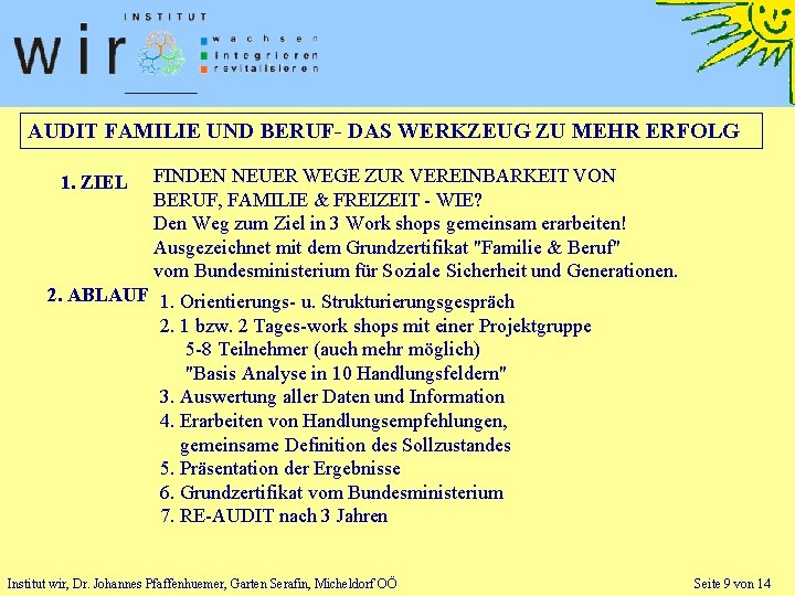 AUDIT FAMILIE UND BERUF- DAS WERKZEUG ZU MEHR ERFOLG 1. ZIEL FINDEN NEUER WEGE