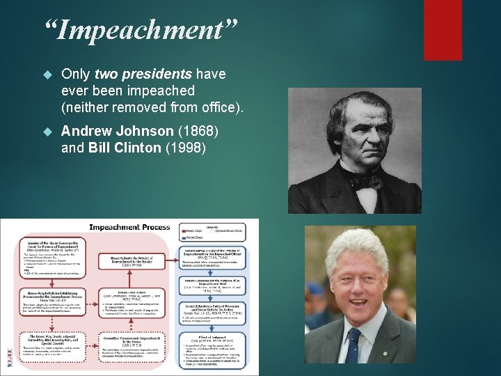 “Impeachment” Only two presidents have ever been impeached (neither removed from office). Andrew Johnson