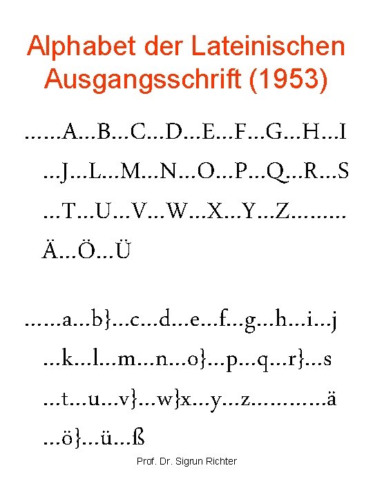 Alphabet der Lateinischen Ausgangsschrift (1953) ……A…B…C…D…E…F…G…H…I …J…L…M…N…O…P…Q…R…S …T…U…V…W…X…Y…Z……… Ä…Ö…Ü ……a…b}…c…d…e…f…g…h…i…j …k…l…m…n…o}…p…q…r}…s …t…u…v}…w}x…y…z…………ä …ö}…ü…ß Prof.