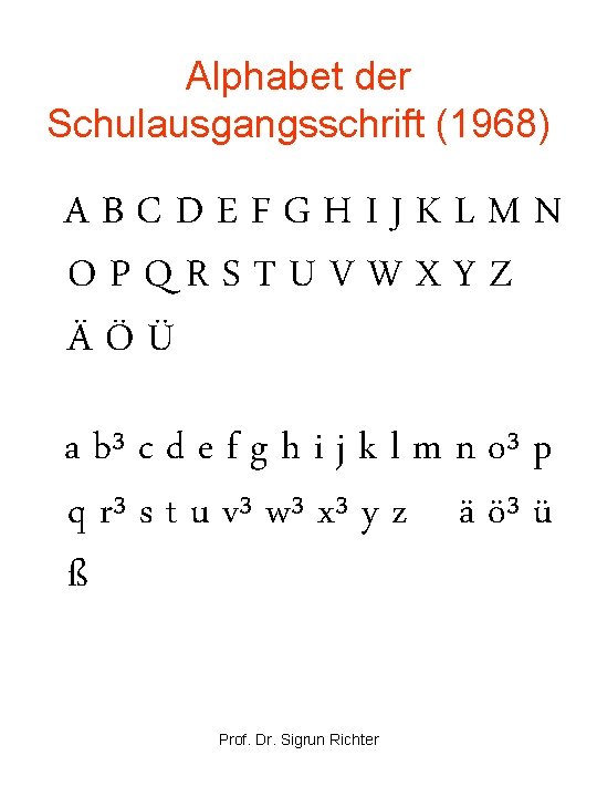 Alphabet der Schulausgangsschrift (1968) ABCDEFGHIJKLMN OPQRSTUVWXYZ ÄÖÜ a b³ c d e f g