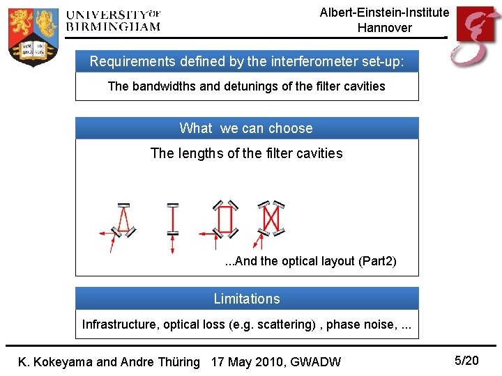 Albert-Einstein-Institute Hannover Requirements defined by the interferometer set-up: The bandwidths and detunings of the