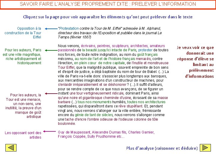 SAVOIR FAIRE L’ANALYSE PROPREMENT DITE : PRELEVER L’INFORMATION Cliquez sur la page pour voir