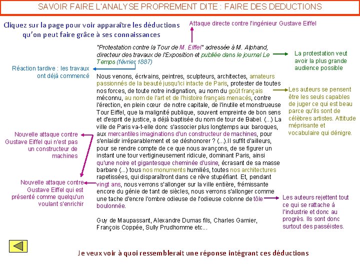 SAVOIR FAIRE L’ANALYSE PROPREMENT DITE : FAIRE DES DEDUCTIONS Cliquez sur la page pour