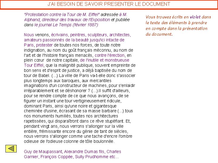 J’AI BESOIN DE SAVOIR PRESENTER LE DOCUMENT "Protestation contre la Tour de M. Eiffel"