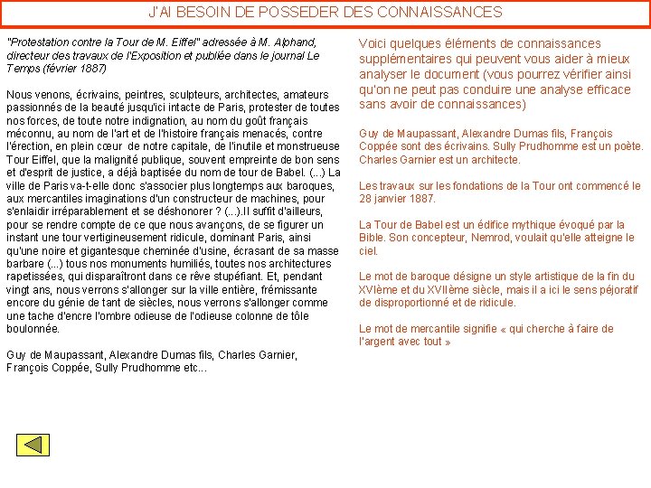 J’AI BESOIN DE POSSEDER DES CONNAISSANCES "Protestation contre la Tour de M. Eiffel" adressée