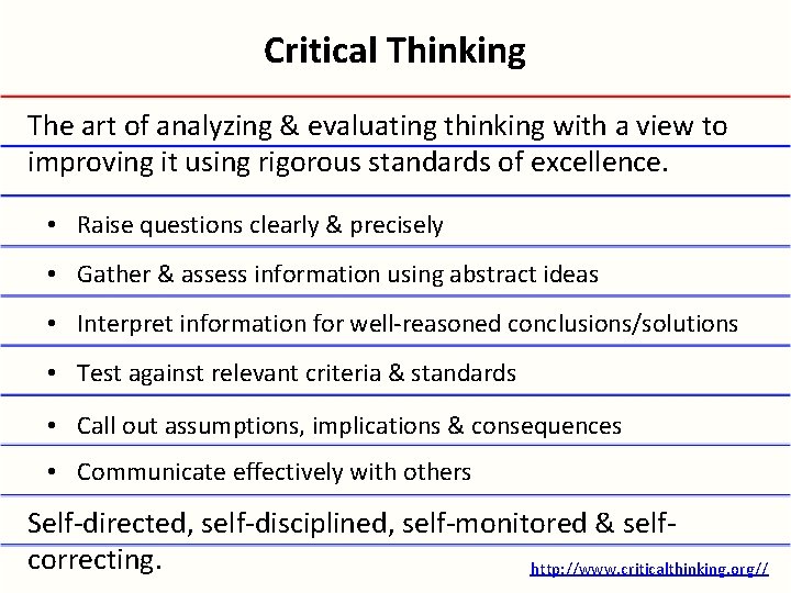 Critical Thinking The art of analyzing & evaluating thinking with a view to improving