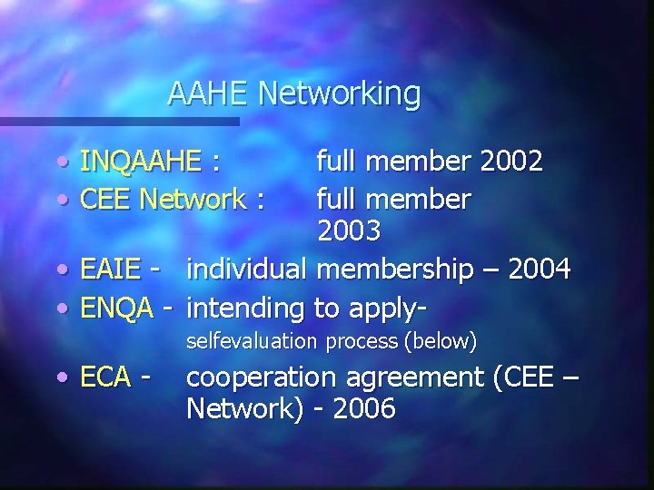 AAHE Networking • INQAAHE : • CEE Network : full member 2002 full member