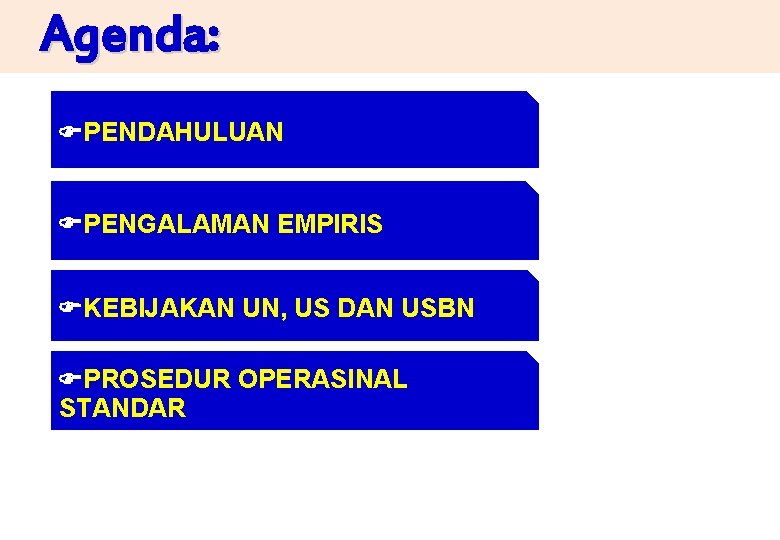 Agenda: PENDAHULUAN PENGALAMAN EMPIRIS KEBIJAKAN UN, US DAN USBN PROSEDUR OPERASINAL STANDAR 