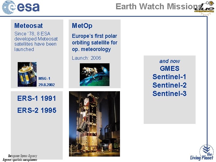 Earth Watch Missions Meteosat Met. Op Since ’ 78, 8 ESA developed Meteosat satellites