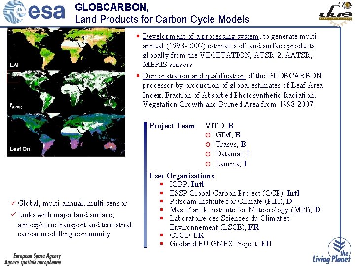 GLOBCARBON, Land Products for Carbon Cycle Models § Development of a processing system, to