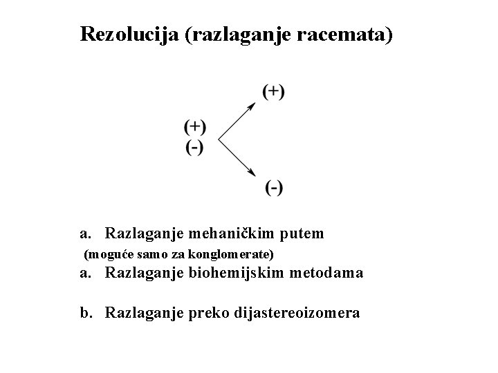 Rezolucija (razlaganje racemata) a. Razlaganje mehaničkim putem (moguće samo za konglomerate) a. Razlaganje biohemijskim