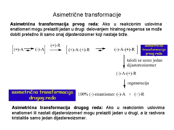 Asimetrične transformacije Asimetrična transformacija prvog reda: Ako u reakcionim uslovima enatiomeri mogu prelaziti jadan