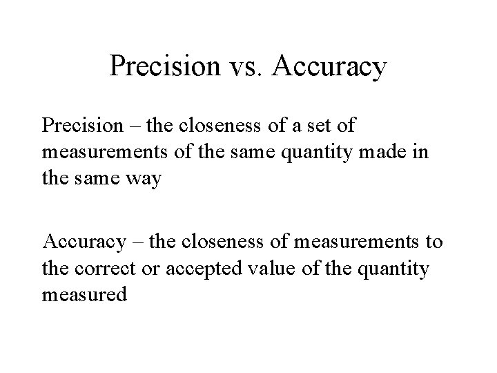 Precision vs. Accuracy Precision – the closeness of a set of measurements of the