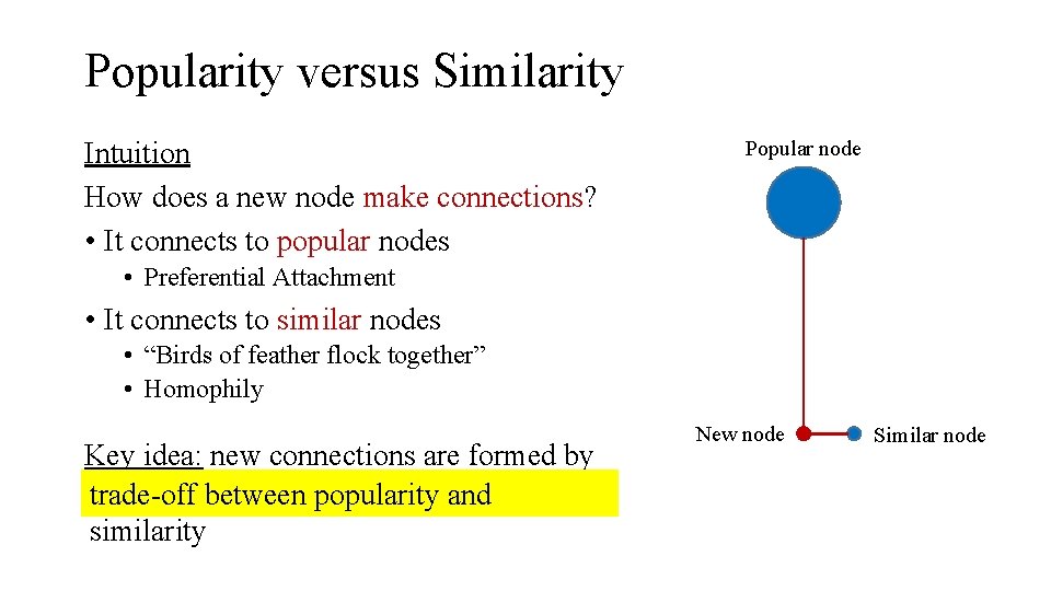 Popularity versus Similarity Intuition How does a new node make connections? • It connects
