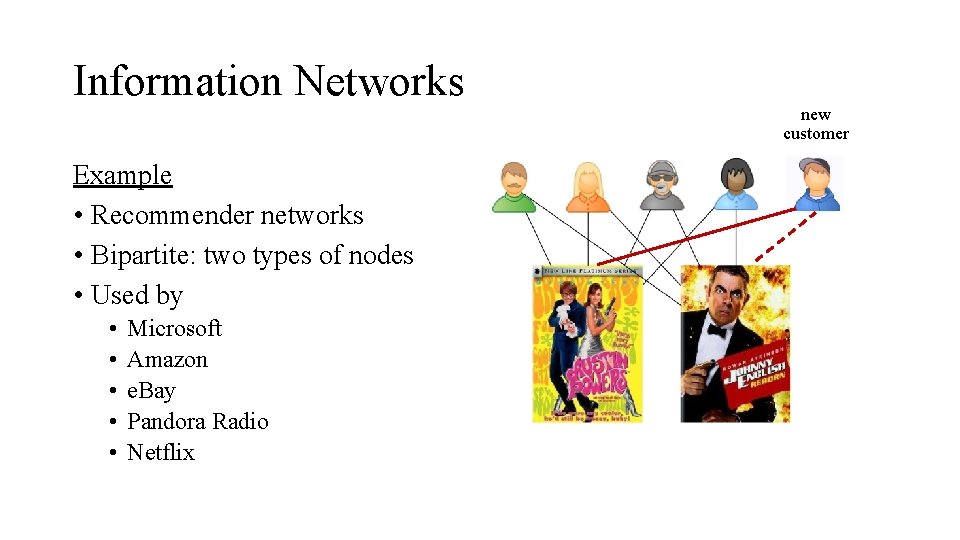 Information Networks Example • Recommender networks • Bipartite: two types of nodes • Used