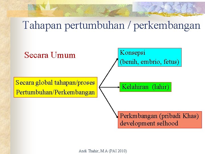 Tahapan pertumbuhan / perkembangan Konsepsi (benih, embrio, fetus) Secara Umum Secara global tahapan/proses Pertumbuhan/Perkembangan