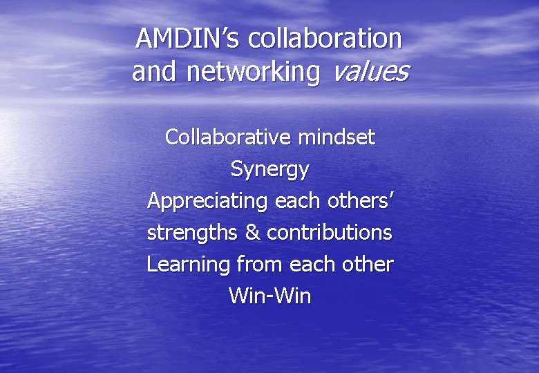 AMDIN’s collaboration and networking values Collaborative mindset Synergy Appreciating each others’ strengths & contributions