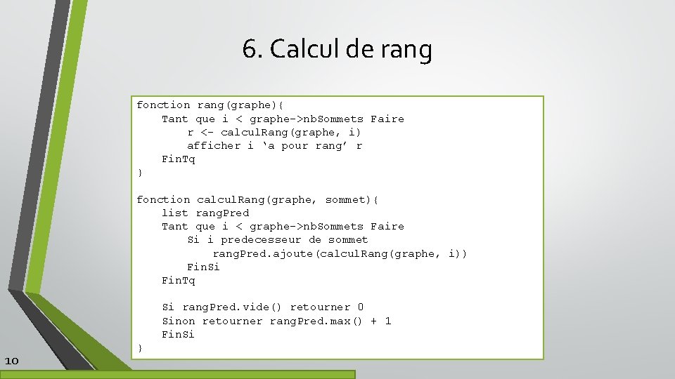 6. Calcul de rang fonction rang(graphe){ Tant que i < graphe->nb. Sommets Faire r