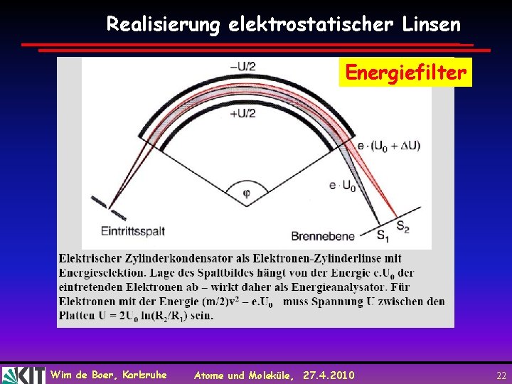 Realisierung elektrostatischer Linsen Energiefilter Wim de Boer, Karlsruhe Atome und Moleküle, 27. 4. 2010