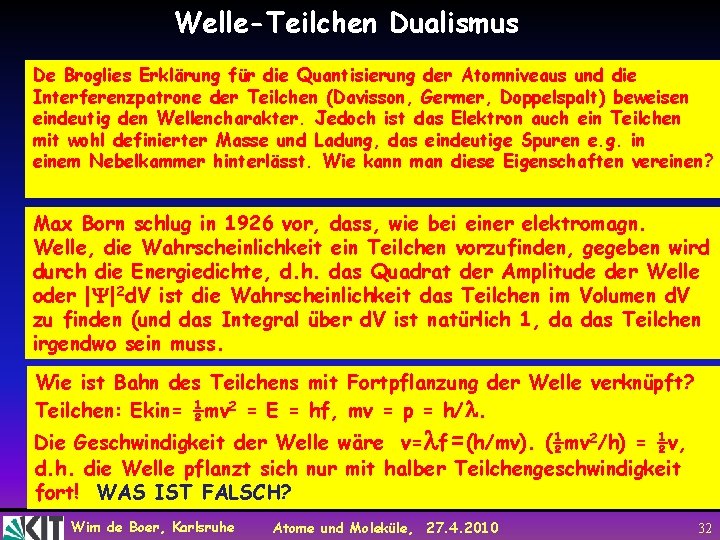 Welle-Teilchen Dualismus De Broglies Erklärung für die Quantisierung der Atomniveaus und die Interferenzpatrone der