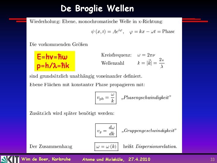 De Broglie Wellen E=hv=ħω p=h/ =ħk Wim de Boer, Karlsruhe Atome und Moleküle, 27.