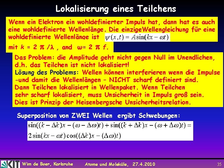 Lokalisierung eines Teilchens Wenn ein Elektron ein wohldefinierter Impuls hat, dann hat es auch