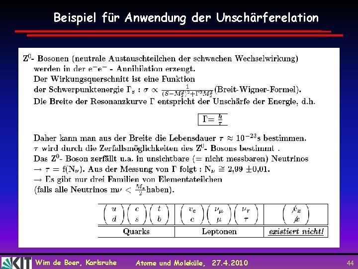 Beispiel für Anwendung der Unschärferelation Wim de Boer, Karlsruhe Atome und Moleküle, 27. 4.