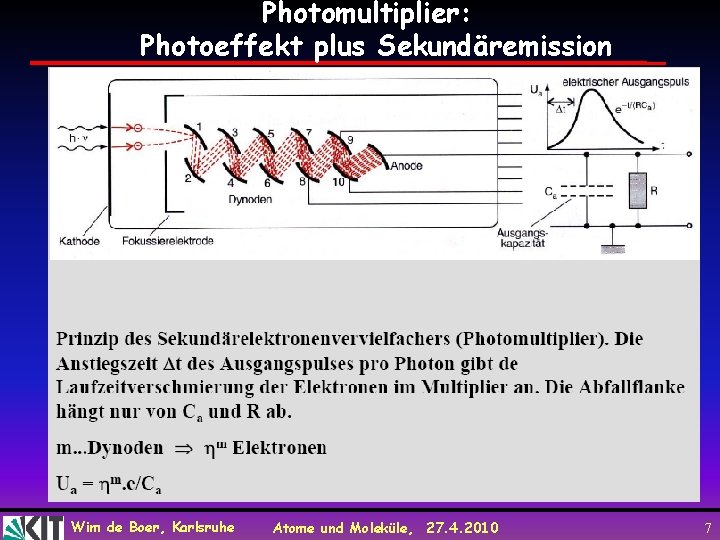 Photomultiplier: Photoeffekt plus Sekundäremission Wim de Boer, Karlsruhe Atome und Moleküle, 27. 4. 2010