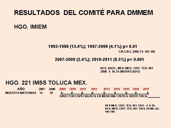 RESULTADOS DEL COMITÉ PARA DMMEM HGO. IMIEM 1992 -1996 (13. 4%); 1997 -2006 (4.